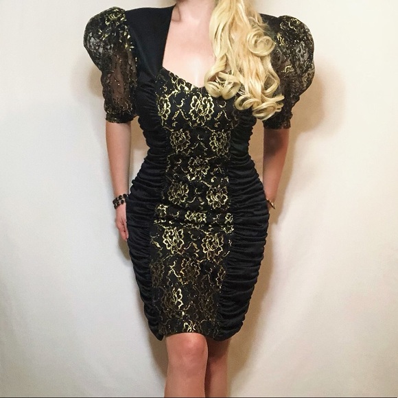 Vintage Dresses & Skirts - Vintage 80s black gold lace ruched cocktail dress
